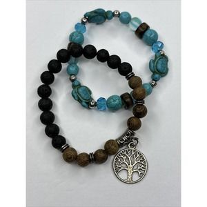 Stretch Bracelet Aqua Turtle Beads Marbled Tree of Life Wood Lava BRown set of 2